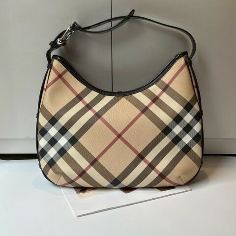 Burberry 黑皮革邊駝色斜格單把肩側包 hobo
