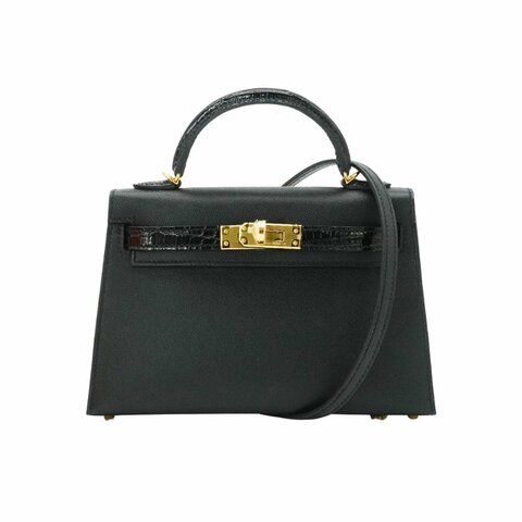 Hermes Mini Kelly 2代 鱷魚皮拚Epsom牛皮手提斜背包(黑/金釦)