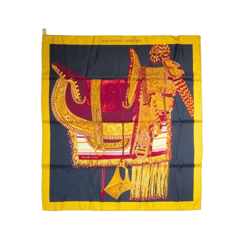 Hermes Carre 宮廷風格馬鞍圖騰絲巾/方巾-90cm(紫/黃/紅)-0
