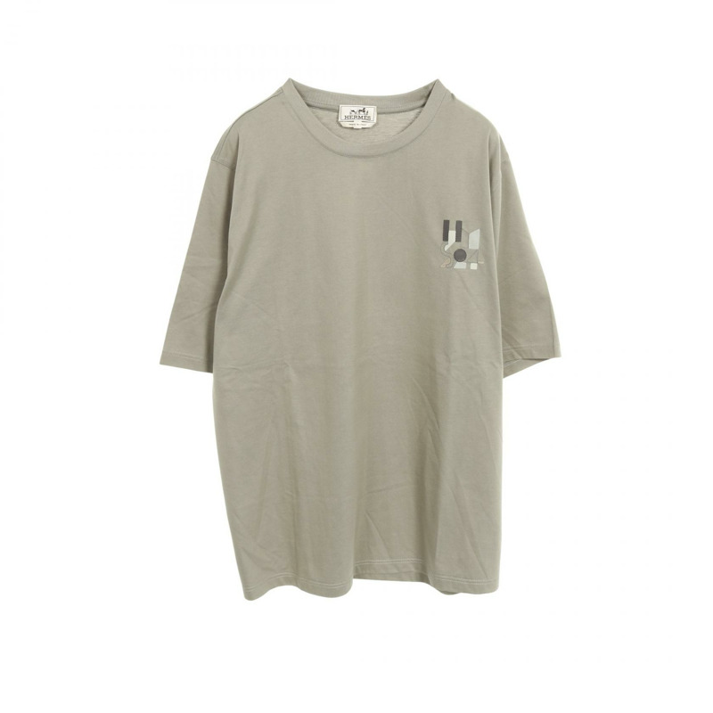 愛馬仕技巧遊戲皮革貼片 T 卹棉質綠色二手男款 L 碼-0