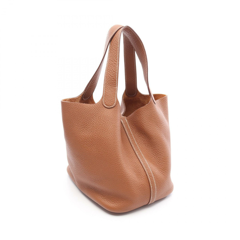 愛馬仕 Picotin Lock 中型手提包 Clemence 皮革 棕色 金色 二手 女款 B SHW-1