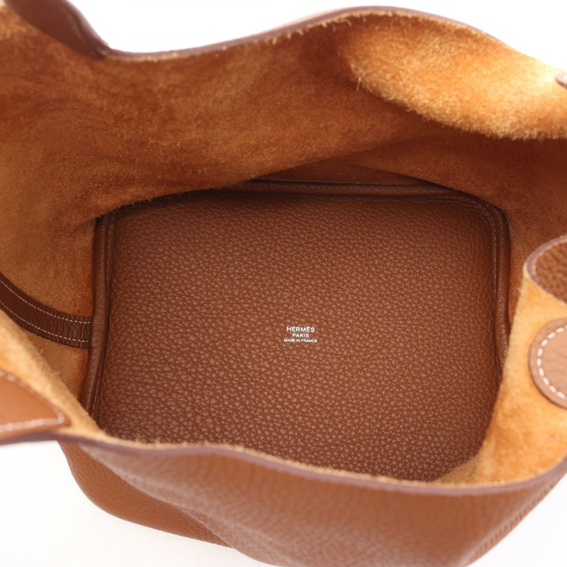 愛馬仕 Picotin Lock 中型手提包 Clemence 皮革 棕色 金色 二手 女款 B SHW-2