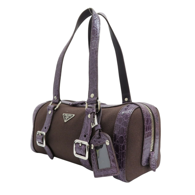 紫色 皮革 帆布 肩背包-2