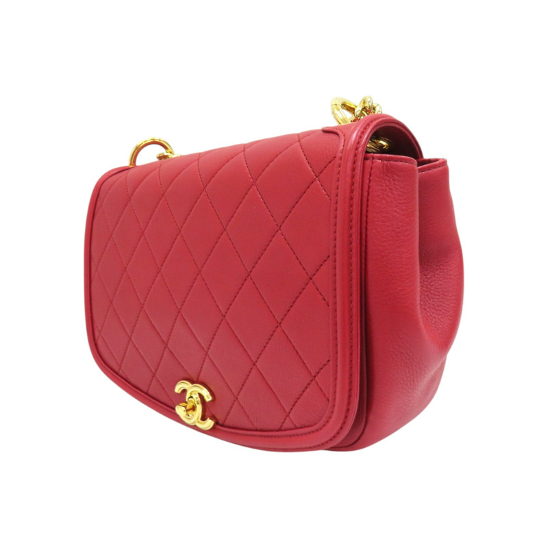 紅色 菱格紋 牛皮 鍊帶 肩背包-2