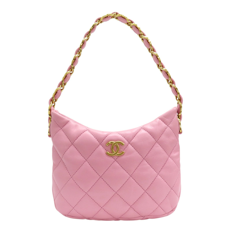 粉色 菱格紋 牛皮 鍊帶 HOBO 肩背包 AS3562-0