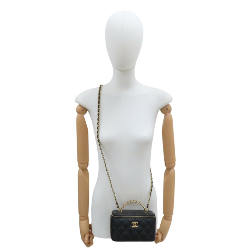 黑色 荔枝紋 牛皮 Top Handle Vanity Case 兩用包 無卡-9