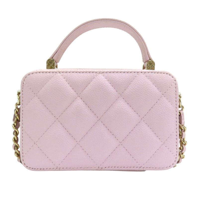 粉色 荔枝紋 牛皮 鍊帶 Top Handle Vanity Case 兩用包-1