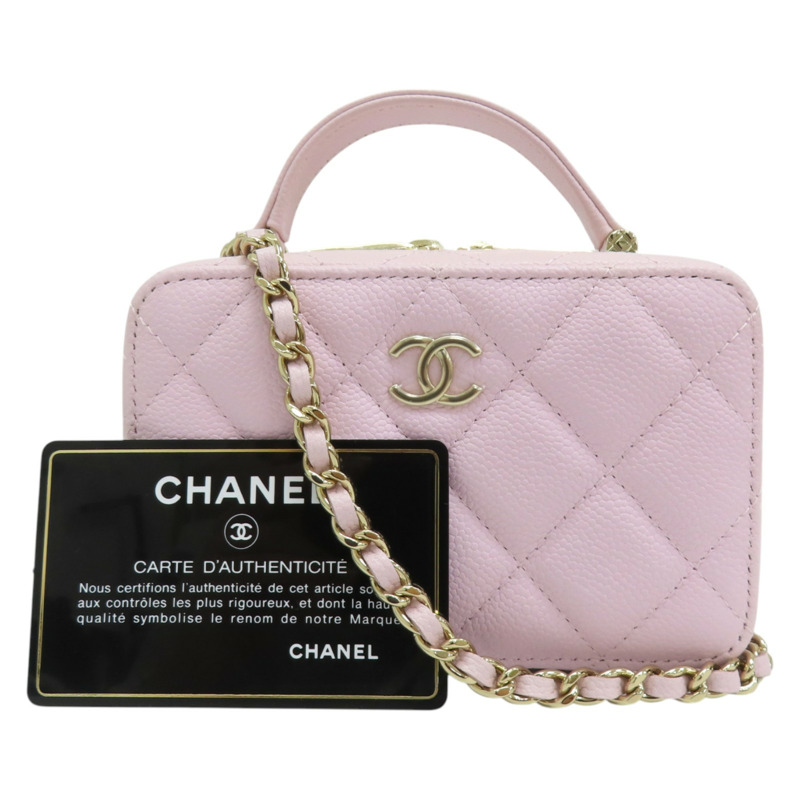 粉色 荔枝紋 牛皮 鍊帶 Top Handle Vanity Case 兩用包-9