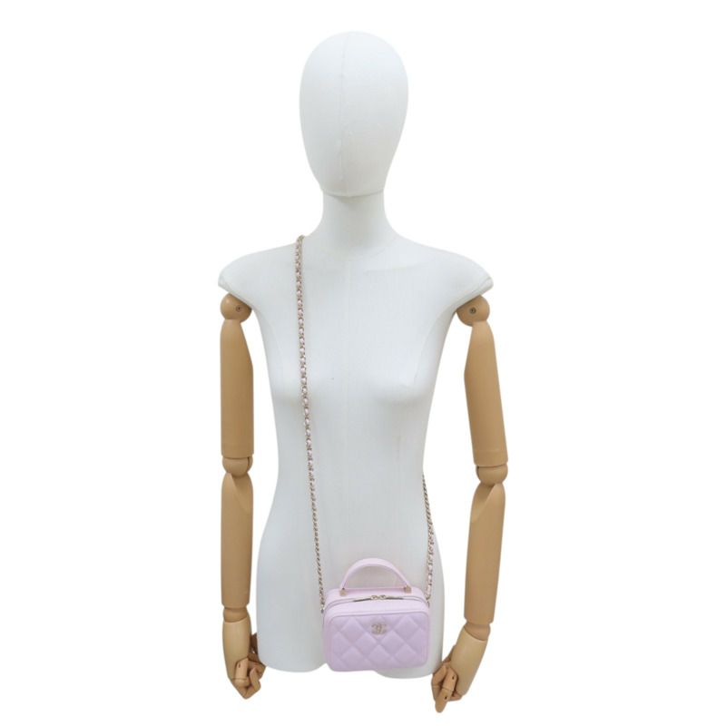 粉色 荔枝紋 牛皮 鍊帶 Top Handle Vanity Case 兩用包-10