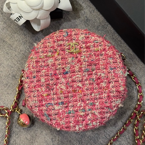 Chanel 19ss 絕版粉色 粗花毛呢小圓包/圓餅包