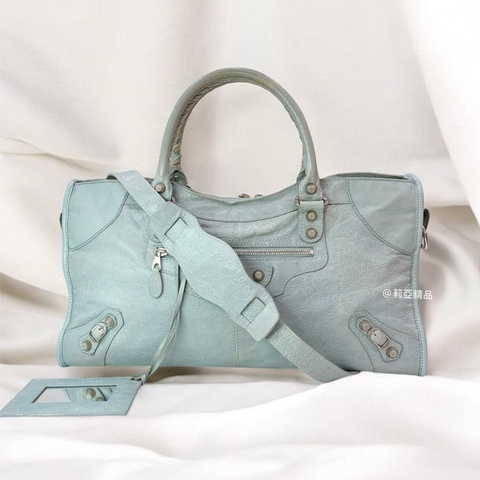 莉亞精品♡ Balenciaga 機車包  淺藍色x花雕銀釦 二手美包