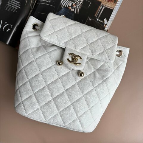 ::CHANEL:: AS4058白色荔枝菱格淡金雙C轉釦掀蓋金鍊後背包