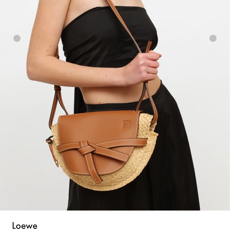 平台最低價最新✨近新閒置未用品✨斷貨款夏日必備Loewe Gate small金棕色牛皮拼接拉菲草蝴蝶結草編包馬鞍包-9