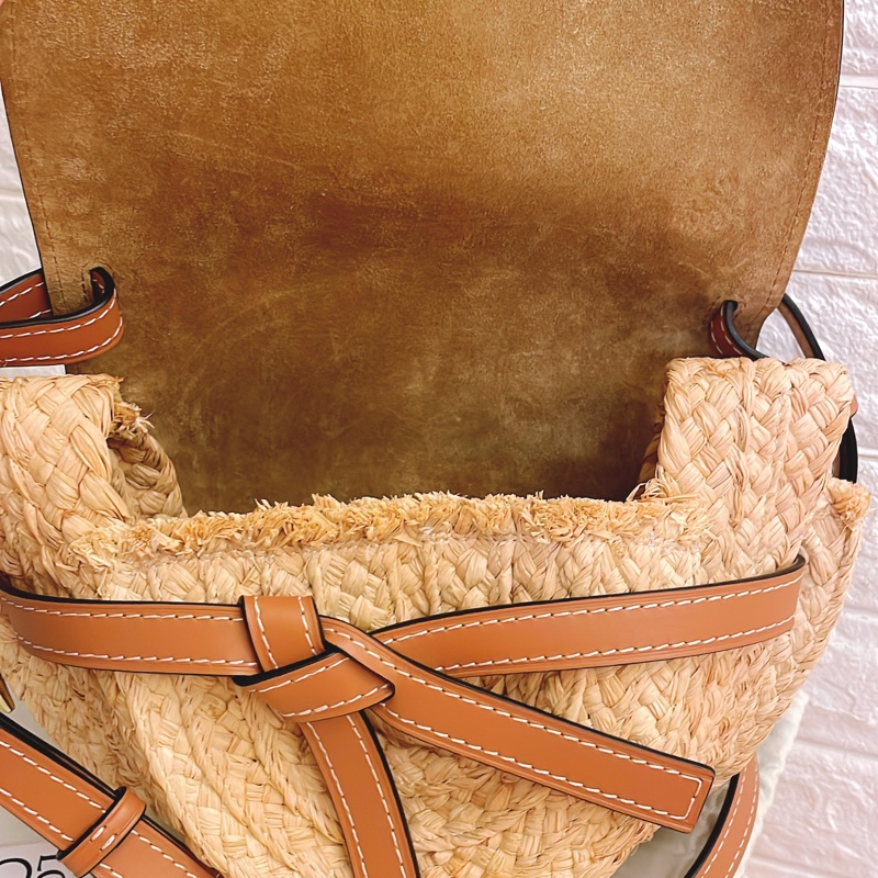 平台最低價最新✨近新閒置未用品✨斷貨款夏日必備Loewe Gate small金棕色牛皮拼接拉菲草蝴蝶結草編包馬鞍包-15