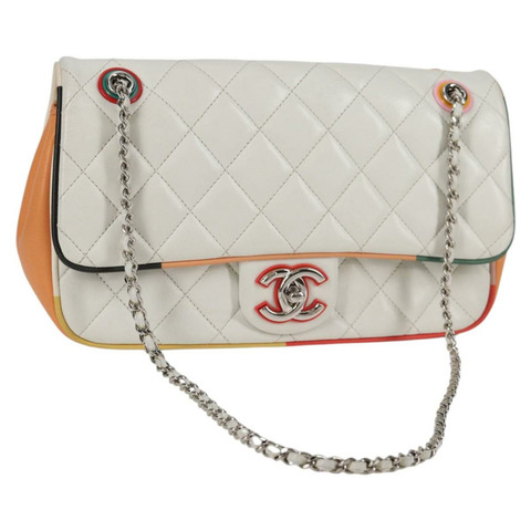 香奈兒 (CHANEL) 菱格紋鏈條單肩包 小羊皮 白銀色 CC 正品 127573M