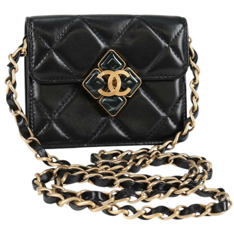 香奈兒 (CHANEL) 絎縫鏈條包單肩包小羊皮黑金色 CC 正品 127795M