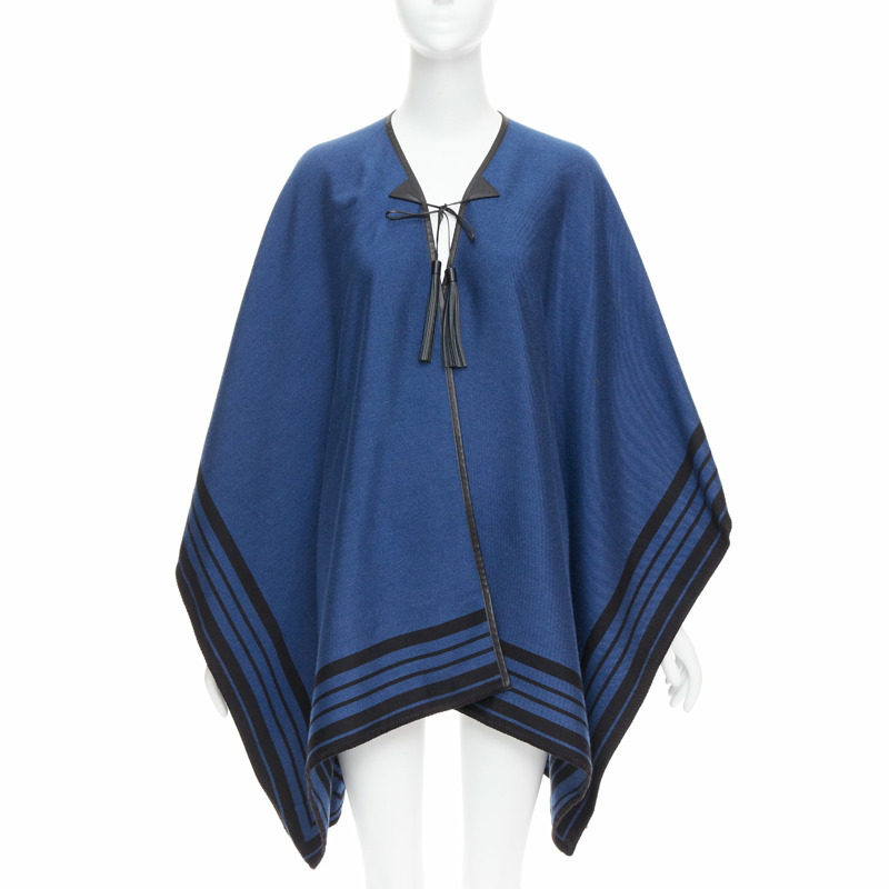 LOUIS VUITTON blue cashmere blend black leather tassel LV logo poncho-0