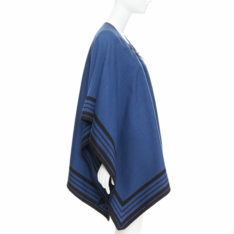LOUIS VUITTON blue cashmere blend black leather tassel LV logo poncho-3