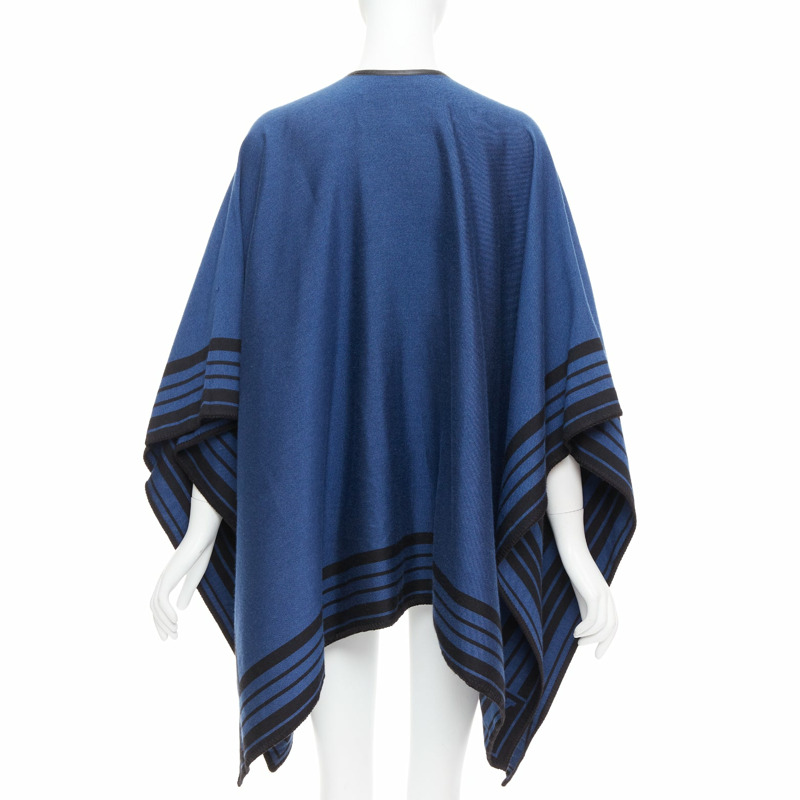 LOUIS VUITTON blue cashmere blend black leather tassel LV logo poncho-4