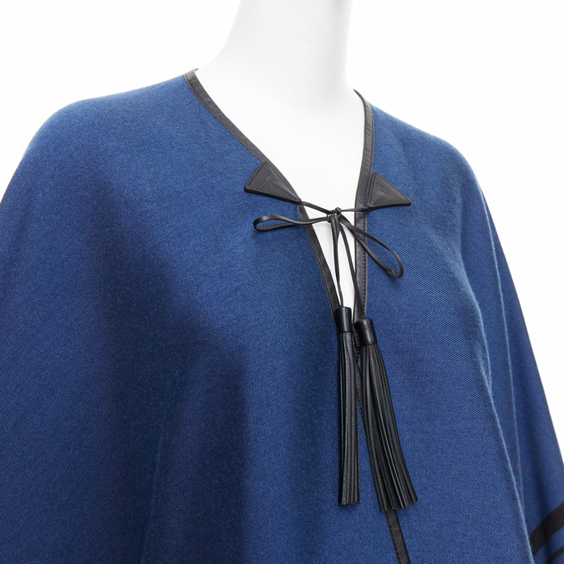 LOUIS VUITTON blue cashmere blend black leather tassel LV logo poncho-6