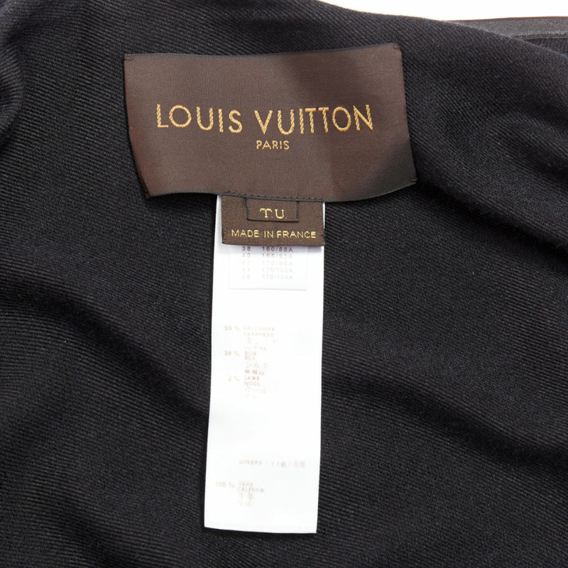 LOUIS VUITTON blue cashmere blend black leather tassel LV logo poncho-7