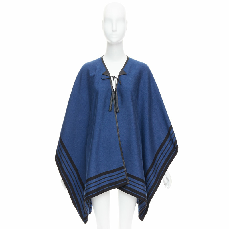 LOUIS VUITTON blue cashmere blend black leather tassel LV logo poncho-8