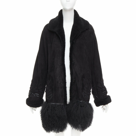 ERMANNO SCERVINO black multi sheep shearling leather embroidered coat IT40 S