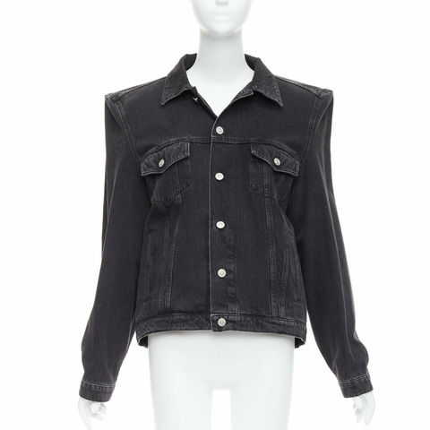 BALENCIAGA Demna grey washed denim power shoulder boxy jacket FR38