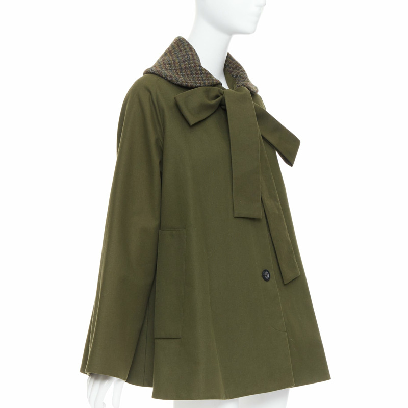 LOEWE khaki green cotton tweed collar bow neck swing coat FR34 XS-0