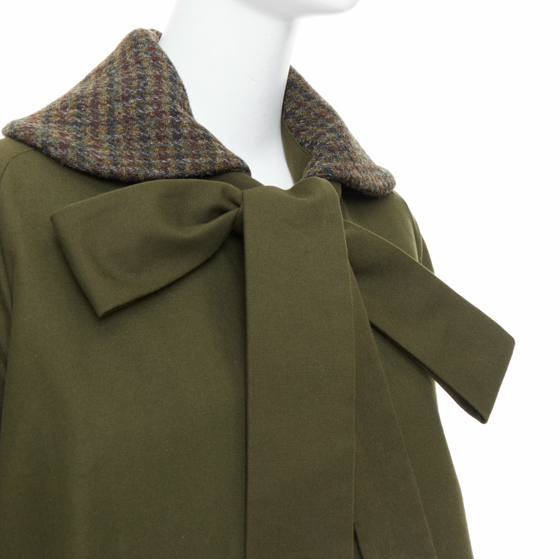 LOEWE khaki green cotton tweed collar bow neck swing coat FR34 XS-1