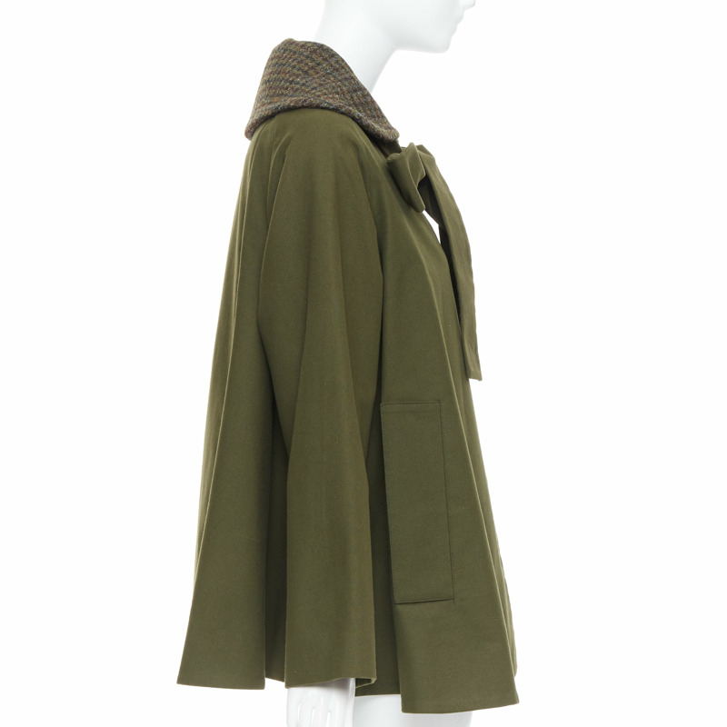 LOEWE khaki green cotton tweed collar bow neck swing coat FR34 XS-3