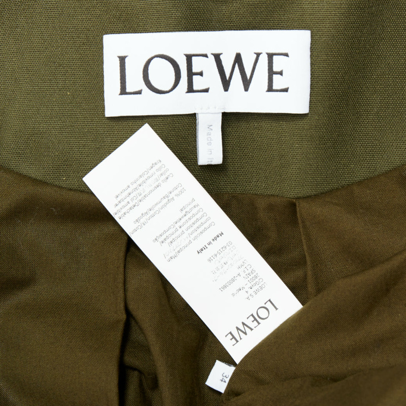 LOEWE khaki green cotton tweed collar bow neck swing coat FR34 XS-7