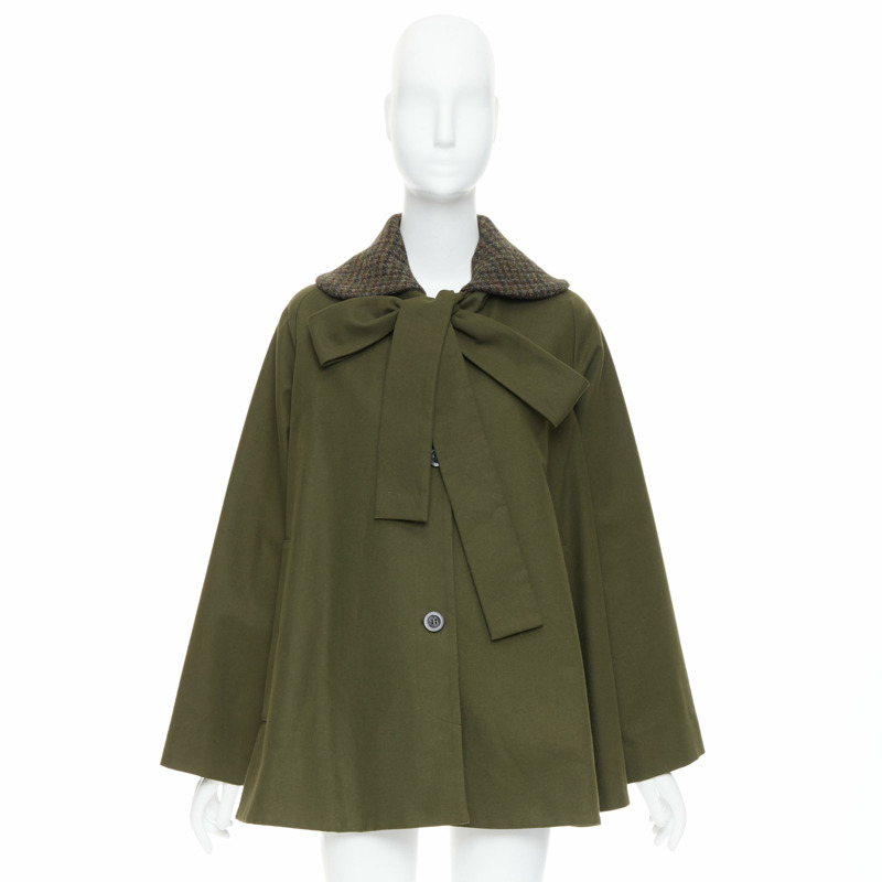 LOEWE khaki green cotton tweed collar bow neck swing coat FR34 XS-8