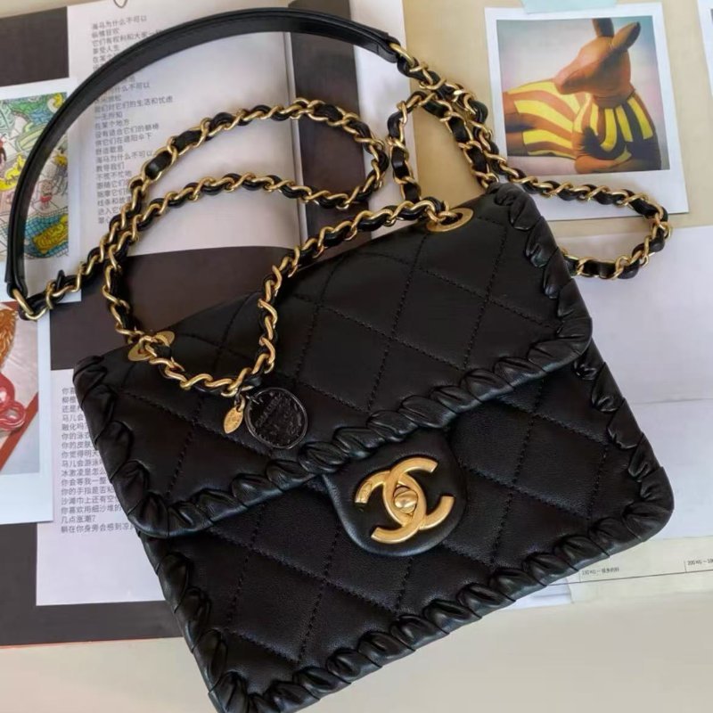 ✨chanel 22c黑金羊皮金幣小號豆腐包 牛皮編織滾邊芯片款19*15*6cm 99新配件塵袋-1