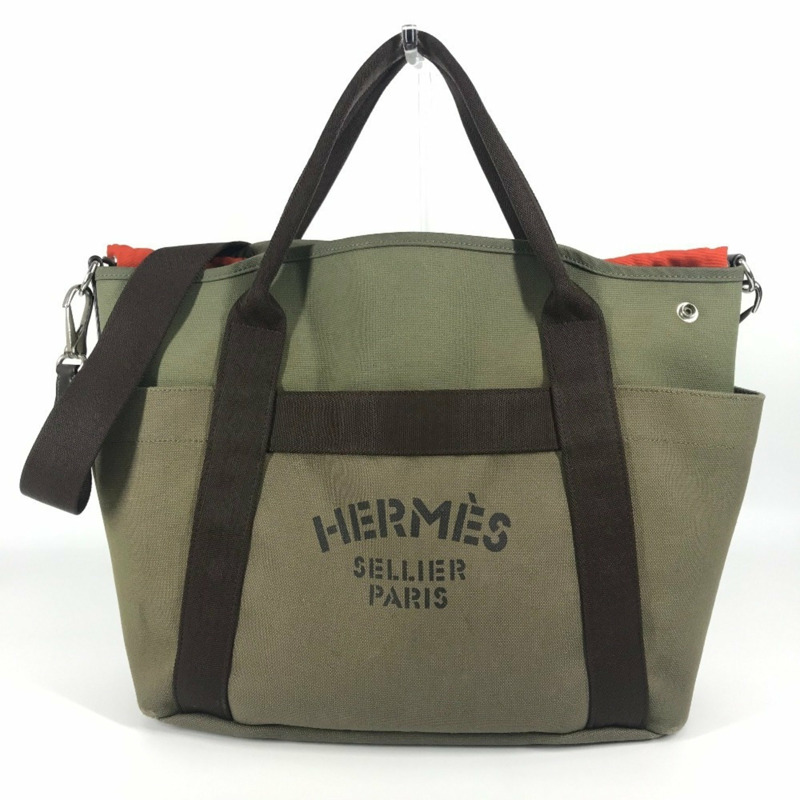 HERMES 愛馬仕 Sac de Pansage Groom 2WAY 肩背包 斜背包 托特包 皮革 帆布 女款卡其色-0
