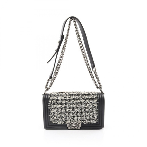 CHANEL Boy Chanel 鏈條單肩包 A67086 皮革布料黑白二手 CC