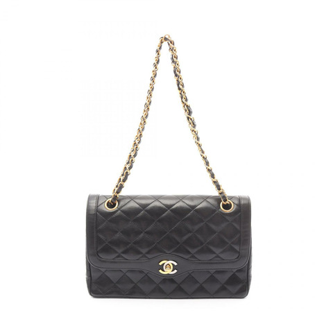 CHANEL Matelasse Paris 限量版雙翻蓋鏈條單肩包 小羊皮 黑色
