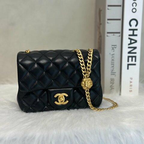 CHANEL 山茶花調節釦口蓋包方胖子 - 黑金