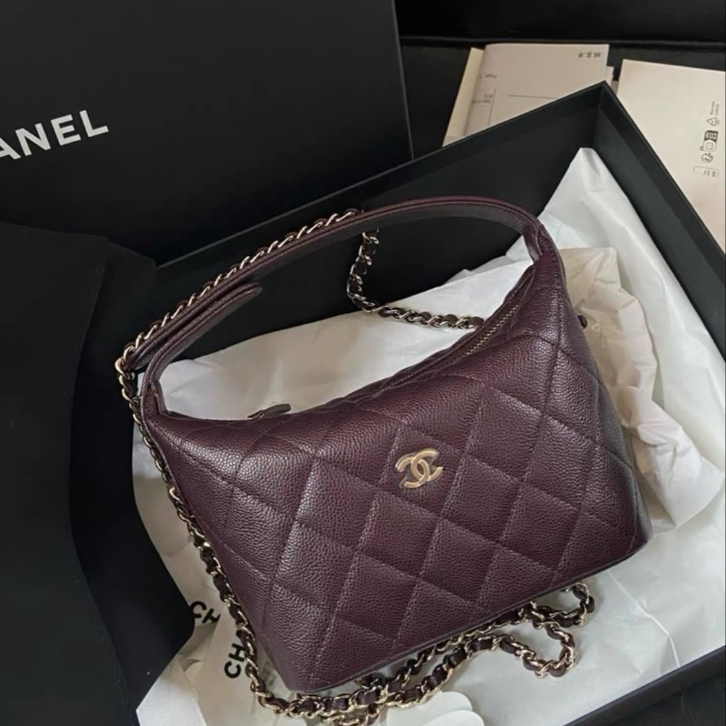 Chanel 25c酒紅色hobo鏈條斜背飯盒包 芯片款全新全配配件購證紙卡塵袋盒子-2