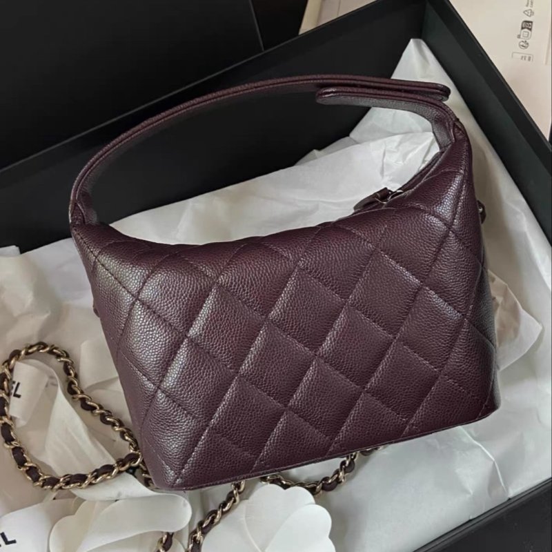 Chanel 25c酒紅色hobo鏈條斜背飯盒包 芯片款全新全配配件購證紙卡塵袋盒子-3