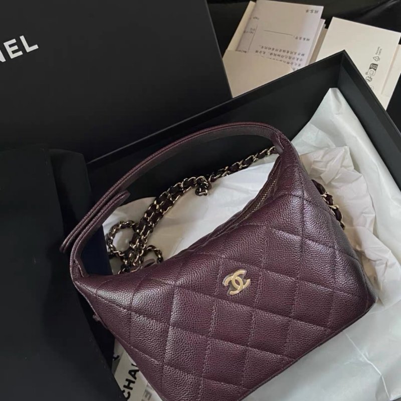 Chanel 25c酒紅色hobo鏈條斜背飯盒包 芯片款全新全配配件購證紙卡塵袋盒子-4