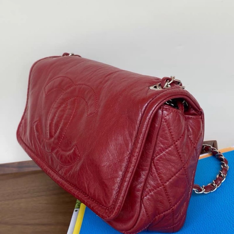 Chanel 酒紅色銀扣羊皮仿舊款 大logo機場包鏈條包 29*16*8cm 98新配件塵袋-3