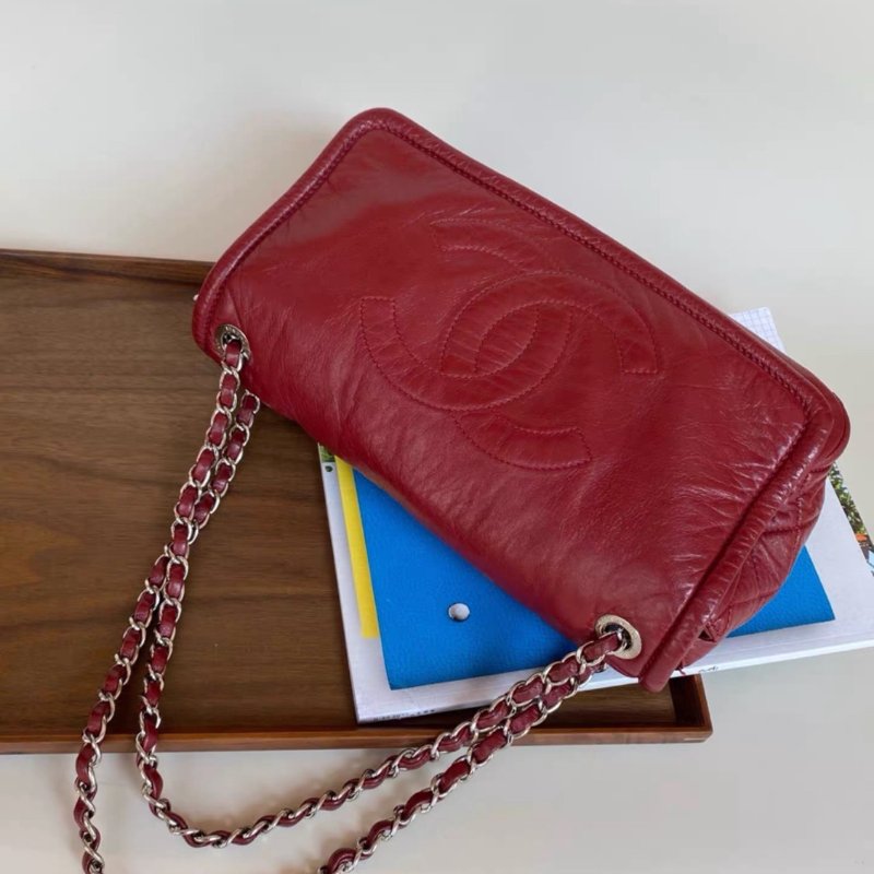 Chanel 酒紅色銀扣羊皮仿舊款 大logo機場包鏈條包 29*16*8cm 98新配件塵袋-6