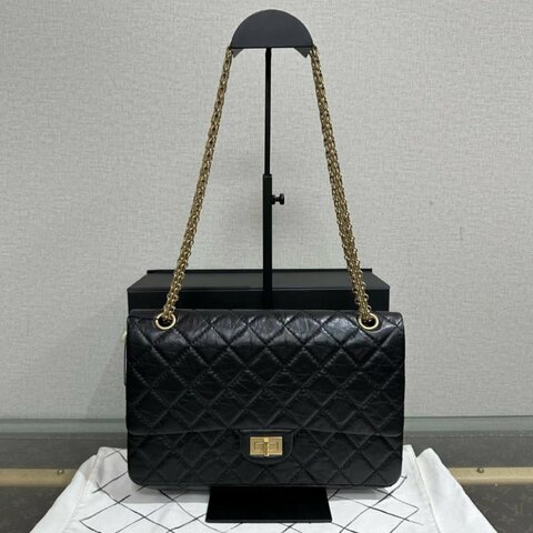 CHANEL 黑金菱格紋2.55中號肩背斜背鏈條包 28*18*8 99新 配件盒子塵袋
