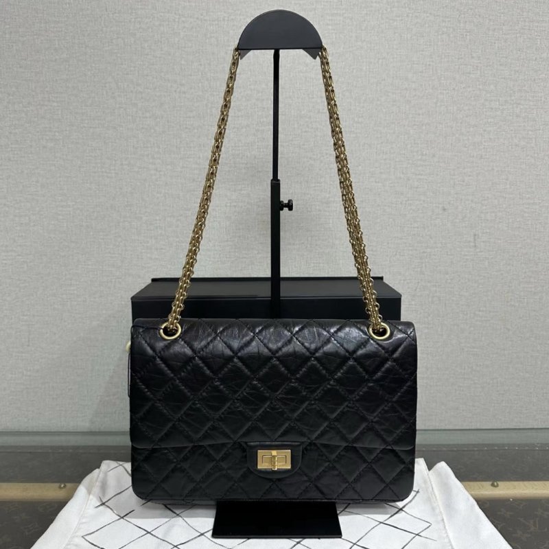 CHANEL 黑金菱格紋2.55中號肩背斜背鏈條包 28*18*8 99新 配件盒子塵袋-0