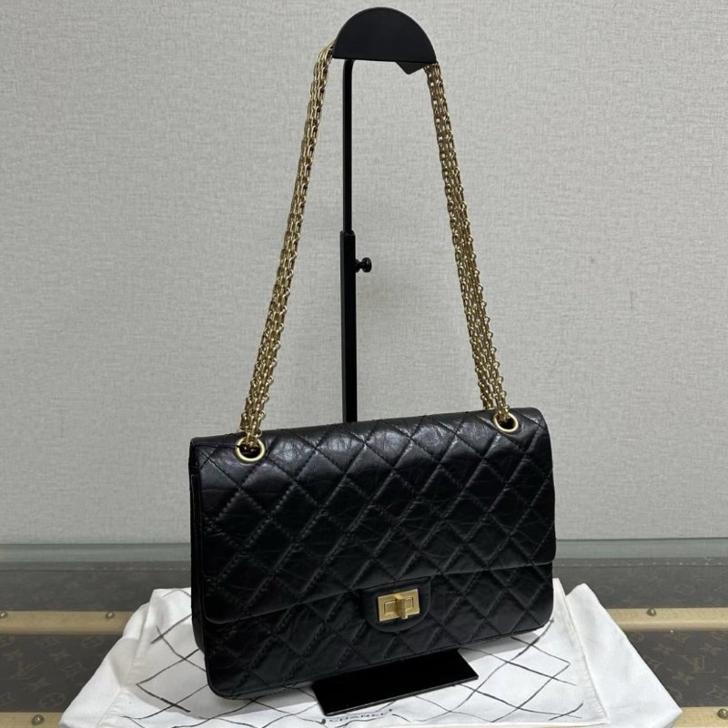 CHANEL 黑金菱格紋2.55中號肩背斜背鏈條包 28*18*8 99新 配件盒子塵袋-1