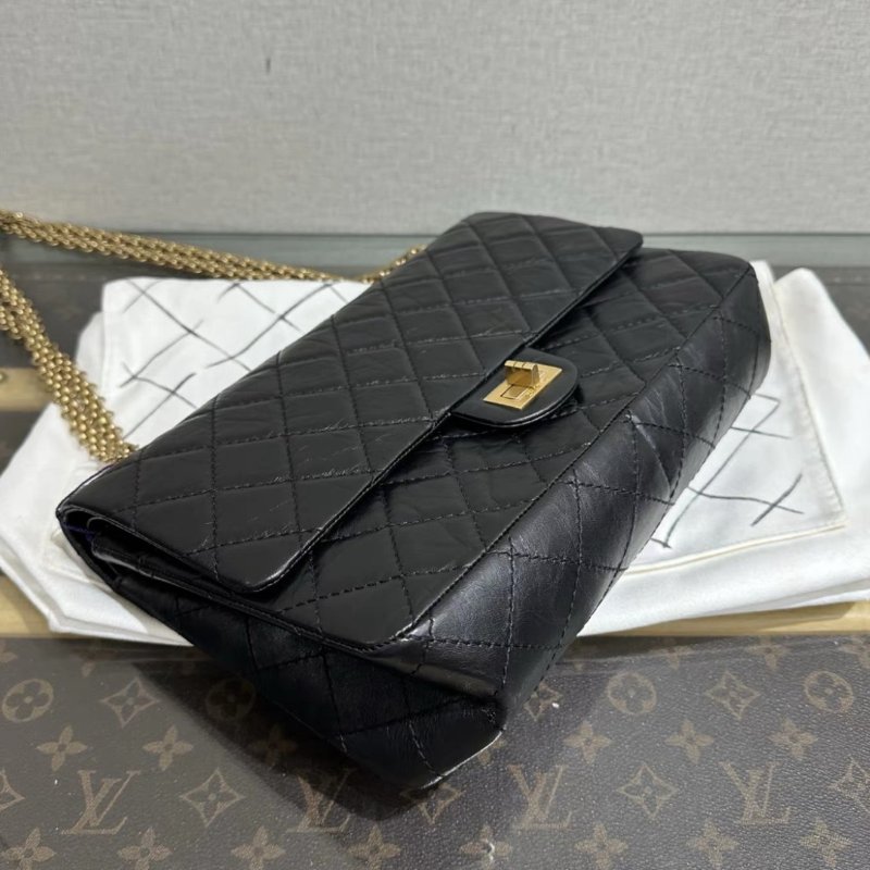 CHANEL 黑金菱格紋2.55中號肩背斜背鏈條包 28*18*8 99新 配件盒子塵袋-5