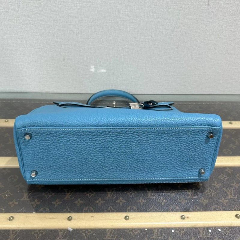 HERMES 牛仔藍銀扣Kelly35手提 35*23*12 98新 配件鑰匙鎖-3