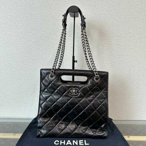 CHANEL 黑銀油蠟皮孟買手提肩背包 29*27*12 98新配件:塵袋