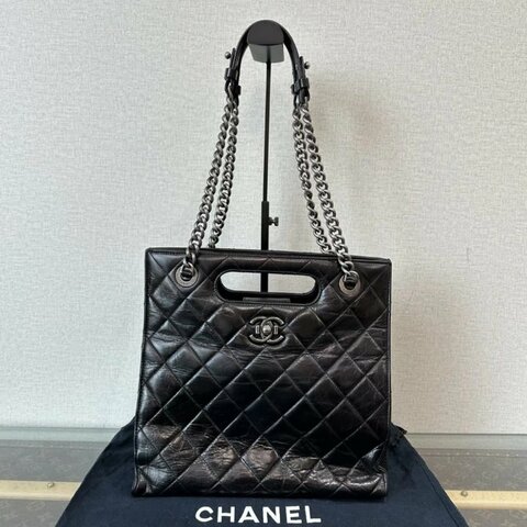 CHANEL 黑銀油蠟皮孟買手提肩背包 29*27*12 98新 配件:塵袋